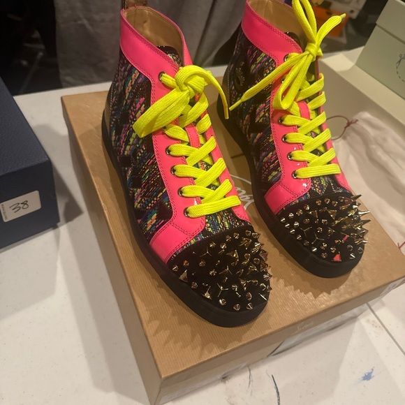 Christian Louboutin Other - Christian Louboutin Neon Pink and Black Spiked Sneakers